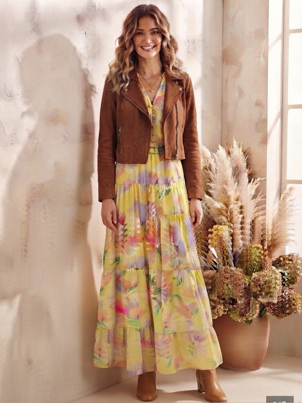 easel Yellow Floral Tiered Maxi Dress with Tassel Tie